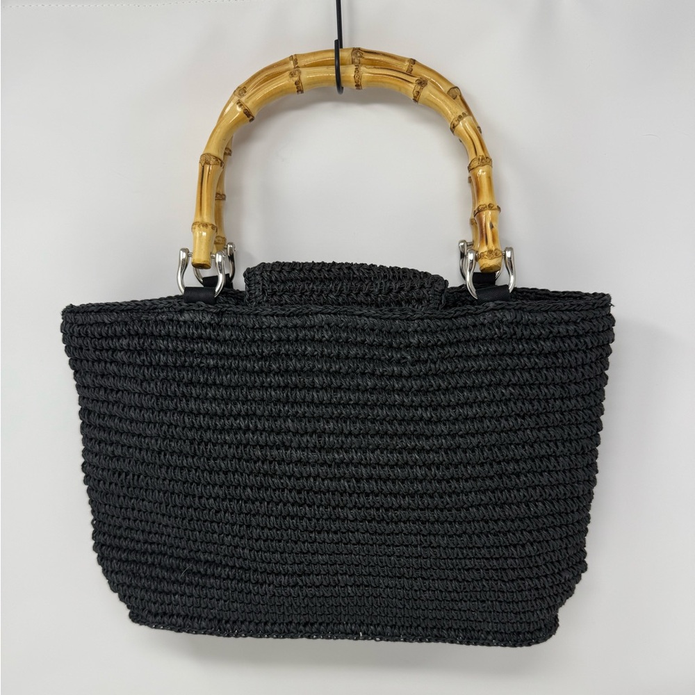 Talbots Handbag Women Medium Black Excellent Bamboo Handle Woven Straw Tote